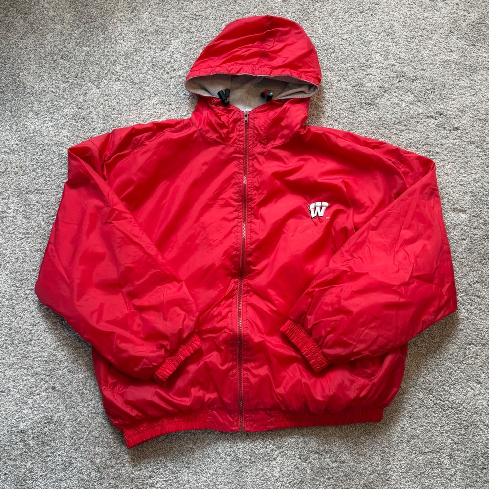 Vintage Steve & Barrys Wisconsin Badgers Windbreaker Jacket Red Hooded Mens L
